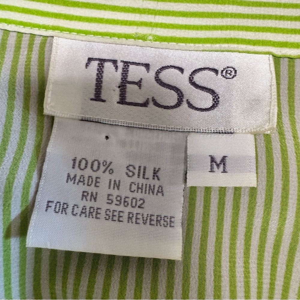 Tess Vintage 100% Silk Green Striped Sleeveless Collared Button Down Size M - Picture 5 of 11